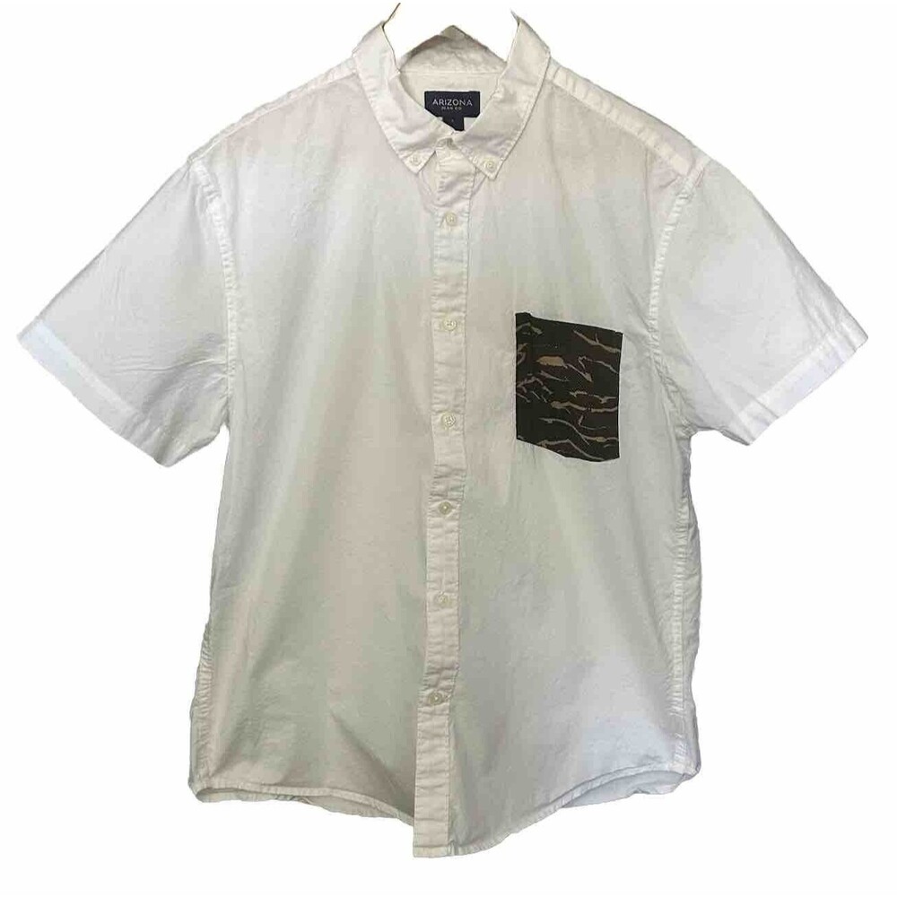 Arizona Mens Short Sleeve White Shirt Size L Button Down 100% Cotton with pocket